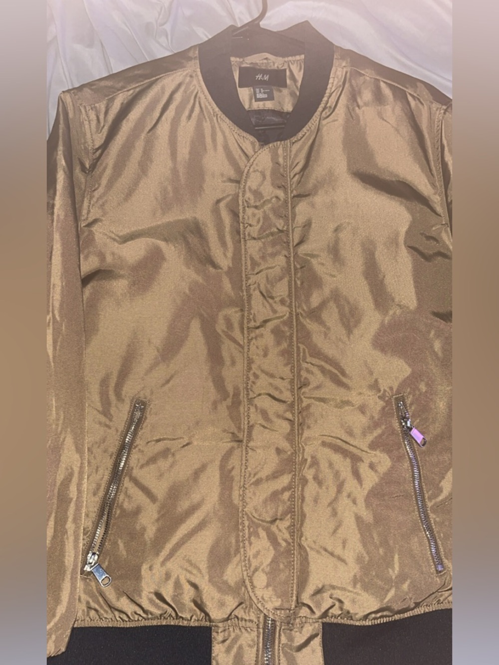 H&M Men's Shiny Bronze Bomber Jacket